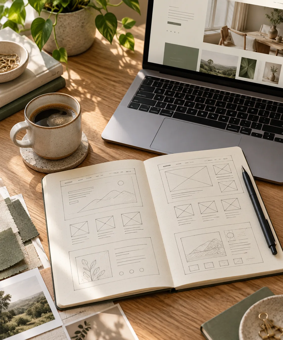 Laptop and notebook with website layout sketches on a wooden desk.