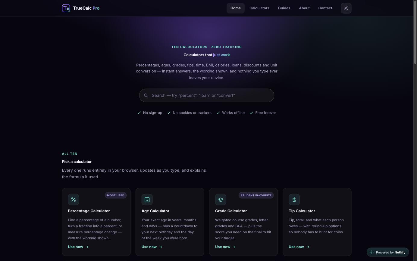 TrueCalc Pro calculator suite homepage